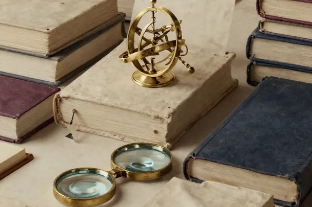 Gabinete histórico con libros cerrados, lupa y astrolabio de latón