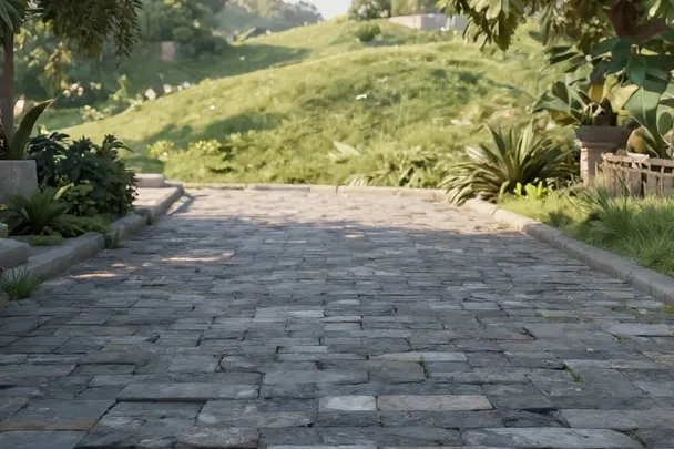 Camino claro que continúa desde un patio de piedra.