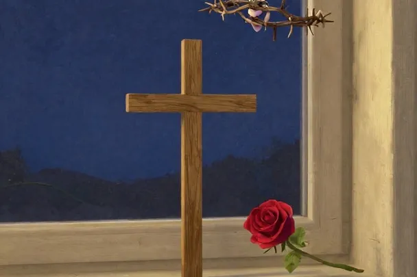 Cruz de madera y rosa roja reciben la primera luz de la mañana