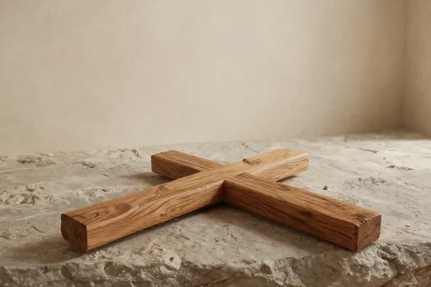 Luz que ilumina una cruz sencilla de madera.