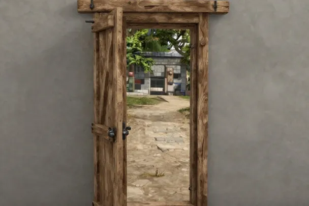 Puerta de una casa abierta hacia un sendero natural.