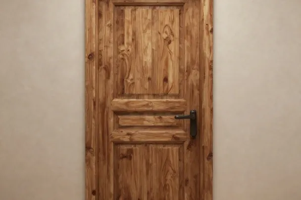 Puerta de madera cerrada en un recibidor tranquilo.