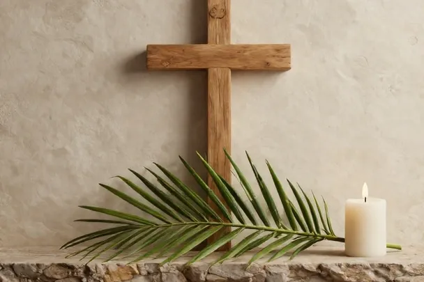 Cruz de madera y rama de palma junto a una vela en un rincón sereno