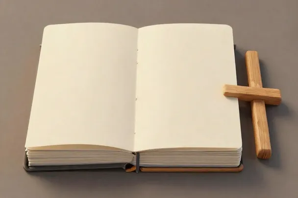 Cuaderno abierto junto a una cruz de madera en un escritorio.