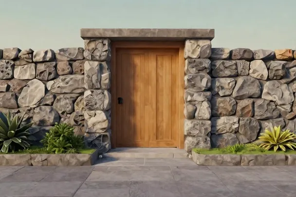Entrada de una casa protegida por un muro de piedra.