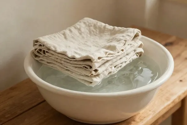 Lino doblado dentro de un recipiente de agua sobre madera.