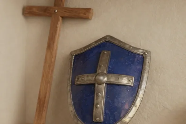 Escudo azul con una cruz metálica junto a una cruz de madera