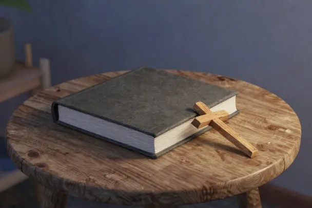 Libro cerrado y cruz sencilla sobre una mesa doméstica.