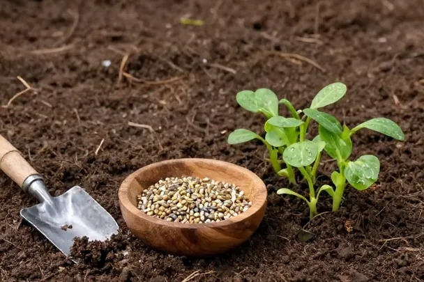 Semillas y herramientas sencillas de jardinería sobre tierra fértil.