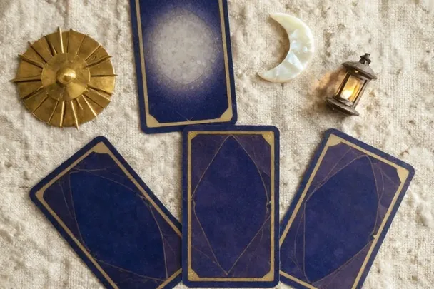 Tres cartas de tarot boca abajo junto a símbolos de claridad, duda y reflexión