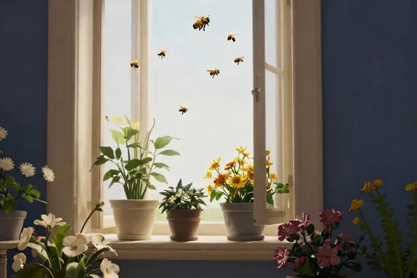 Abejas vuelan hacia flores situadas junto a una ventana abierta