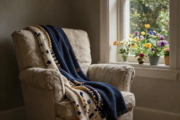 Sillón vacío con manta tejida recibe luz cálida junto a una ventana