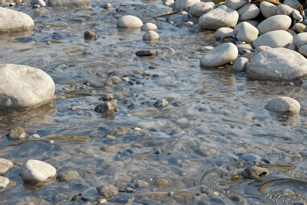 Agua clara fluye sobre piedras lisas en un arroyo