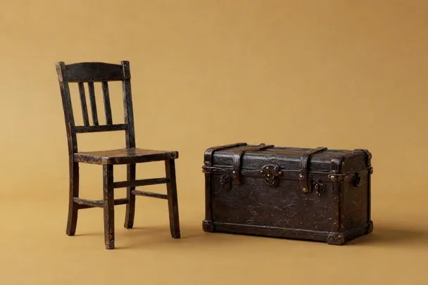 Silla antigua vacía queda junto a un baúl cerrado