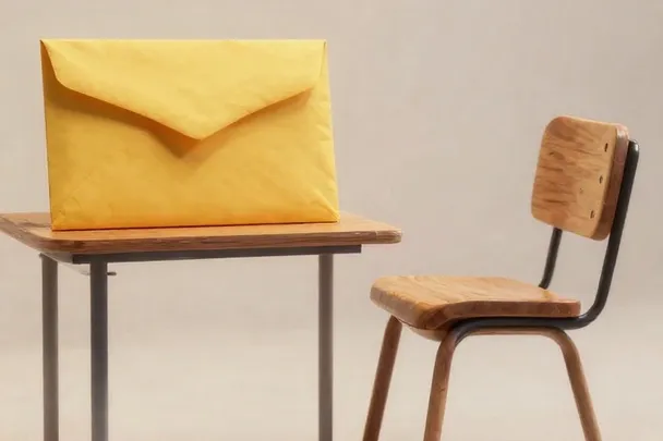 Sobre cerrado sin marcas descansa junto a una silla vacía