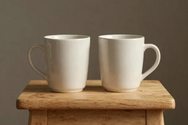 Dos tazas lisas separadas sobre una mesa pequeña.