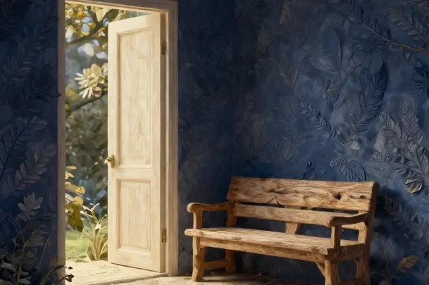 Banco vacío junto a una puerta abierta recibe una luz nítida de mañana