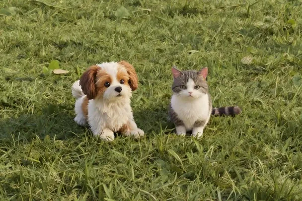 Un perro y un gato descansan separados sobre césped.