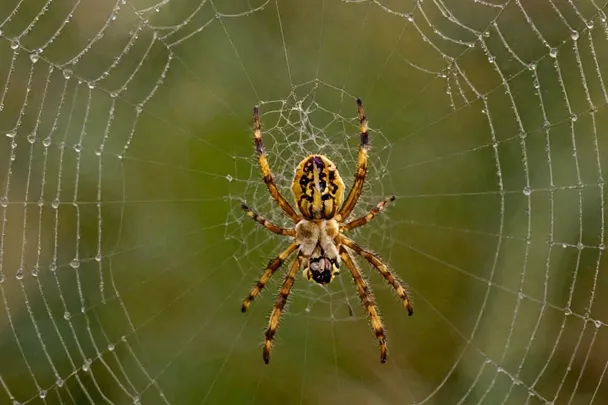 Araña pequeña permanece sobre una telaraña cubierta de rocío