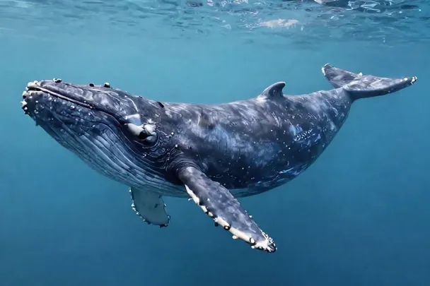 Ballena jorobada completa nadando de perfil bajo el mar.