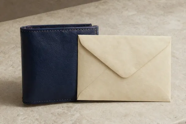 Cartera cerrada y sobre liso descansan sobre una mesa de piedra