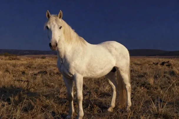 Caballo blanco sereno permanece en un prado abierto al amanecer