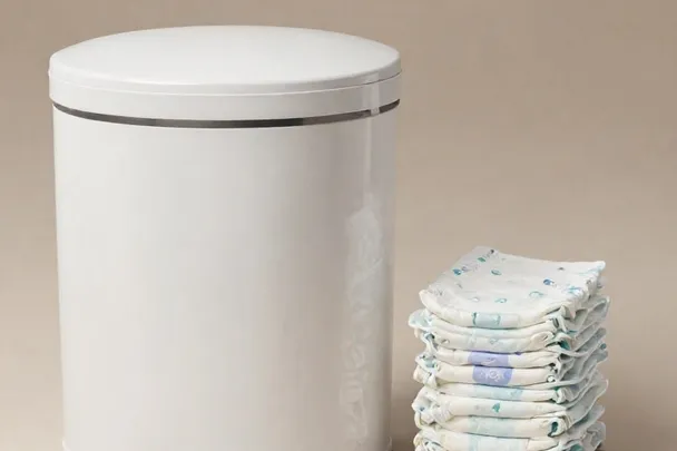 Papelera infantil cerrada permanece junto a pañales doblados