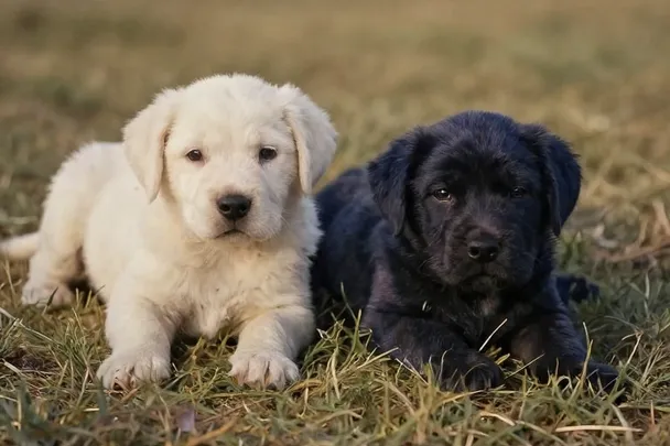 Dos cachorros sanos descansan juntos sobre hierba suave