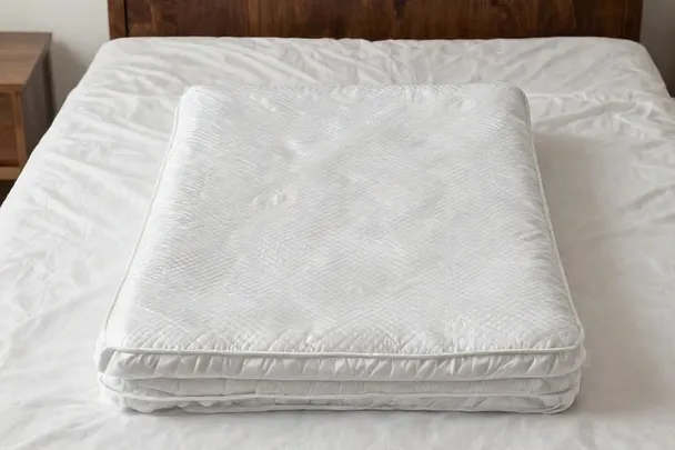 Protector de colchón limpio permanece doblado sobre una cama ordenada