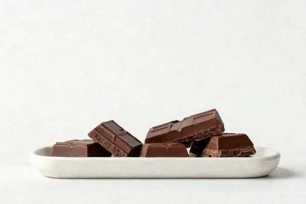 Trozos de chocolate descansan sobre una bandeja de cerámica