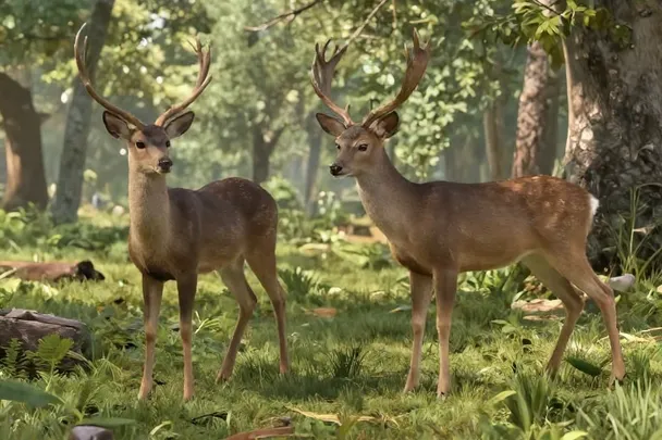Dos ciervos tranquilos observan desde el borde de un bosque