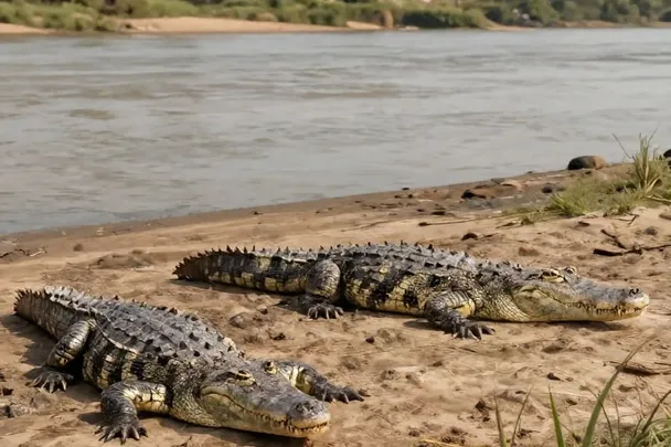 Dos cocodrilos sanos descansan separados en una orilla amplia