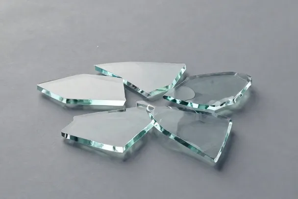 Fragmentos limpios de cristal descansan sobre un suelo liso