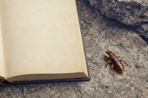 Cucaracha pequeña avanza sobre una piedra junto a un libro cerrado