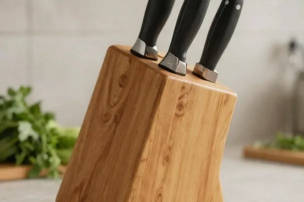Bloque de madera con cuchillos guardados de forma segura en una cocina