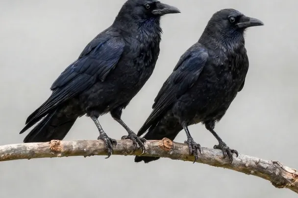 Dos cuervos descansan separados sobre una rama ancha