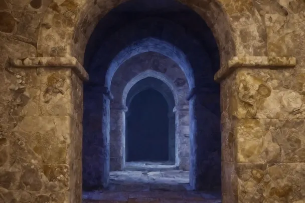 Sombras profundas atraviesan varios arcos de piedra vacíos