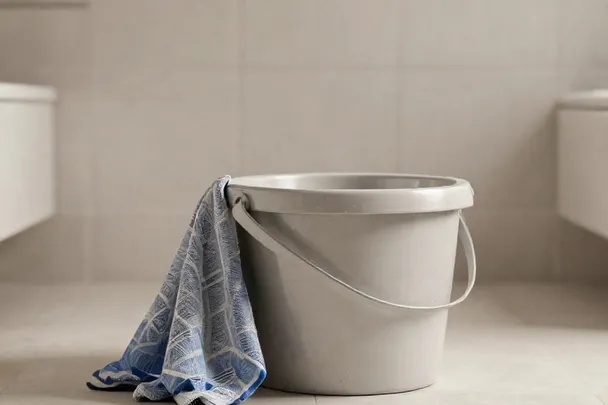 Cubo volcado y paño limpio esperan en un baño vacío