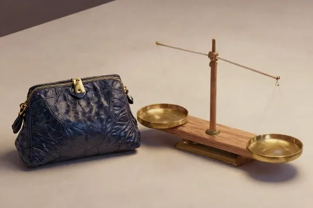 Monedero cerrado sin marcas junto a una balanza vacía de madera