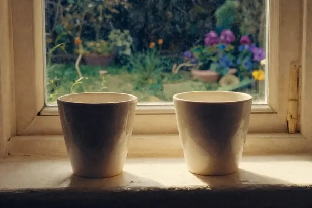 Dos tazas lisas esperan junto a una ventana abierta al jardín
