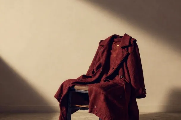 Abrigo rojo oscuro cuelga de una silla bajo una sombra intensa