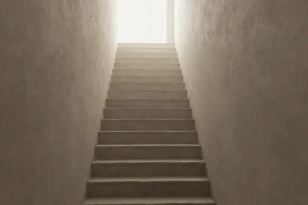 Escalera interior asciende hacia una habitación luminosa