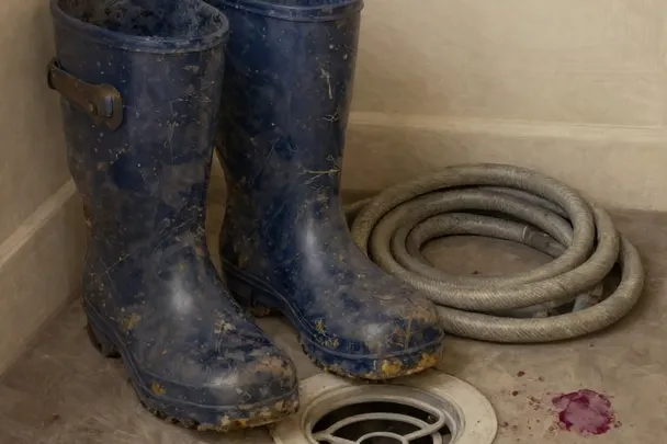 Botas cubiertas de barro esperan junto a una zona de lavado