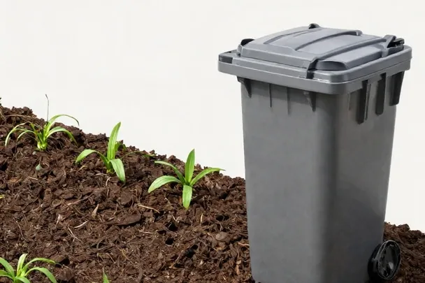 Compostera cerrada permanece junto a tierra fértil de jardín