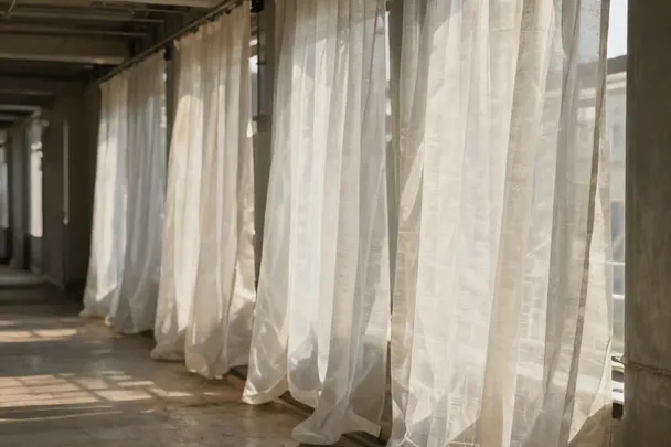 Cortinas translúcidas se mueven en un corredor vacío y luminoso