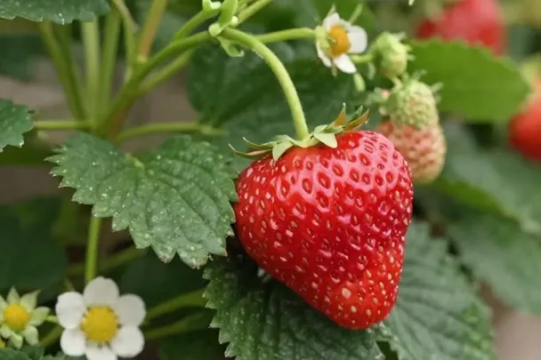 Fresas maduras crecen entre hojas verdes bajo la luz de la mañana