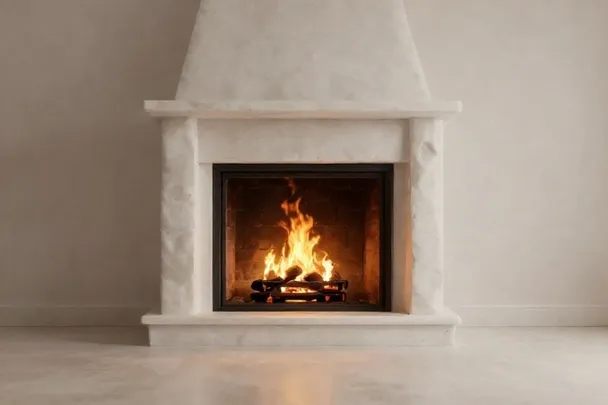 Fuego pequeño arde contenido en la chimenea de una sala intacta