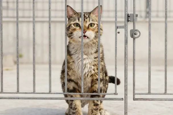 Gato alerta permanece detrás de una puerta de jardín cerrada