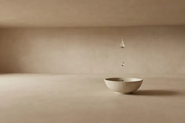 Una gota cae desde un techo liso hacia un cuenco dentro de una habitación