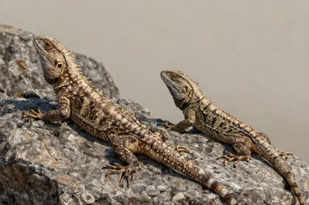 Dos lagartos sanos descansan separados sobre rocas cálidas